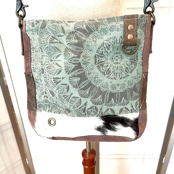 MYRA cowhide canvas teal crossbody bag - Picture 1 of 11